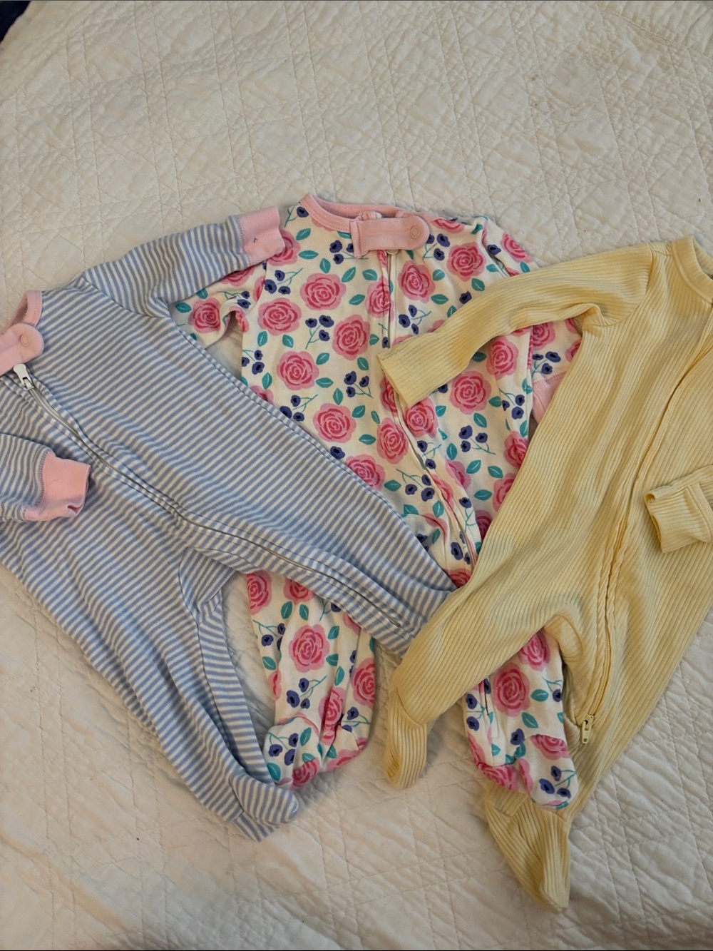 3-Pack Baby Zip Footed Sleepers - Floral, Yellow & Blue Stripe